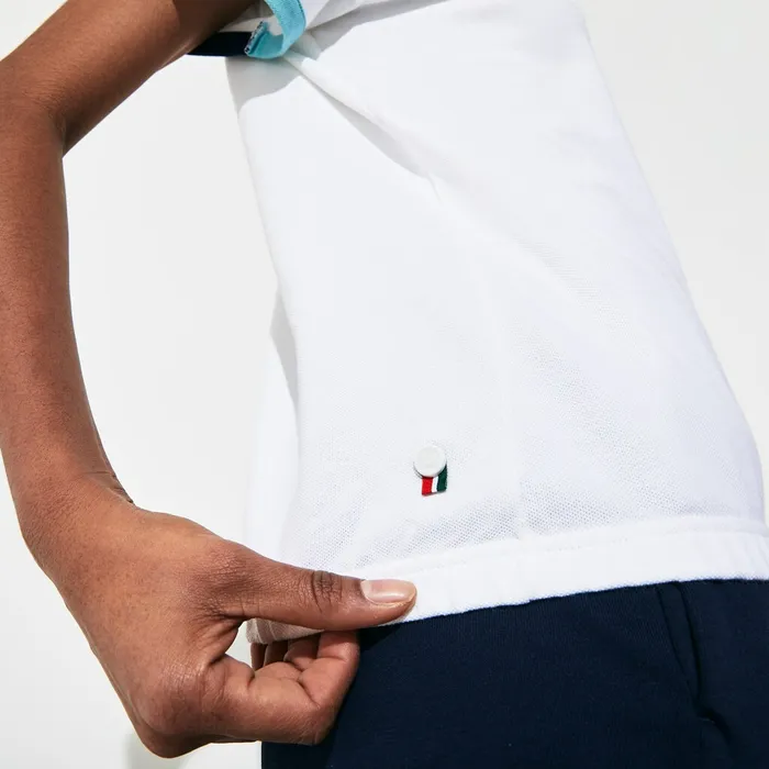 TShirts Lacoste Womens SPORT Roland Garros Stretch Cotton TShirt WhiteTurquoiseNavy Blue Gift 4 You