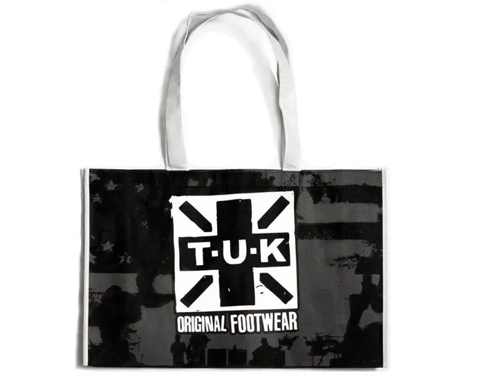 TUK Black and White Kick A 1991 Tote Bag Adult TUK Shoes Stickers Pins Patches Totes