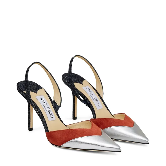Thia 85 Multicolour Metallic Nappa Leather Suede And Denim Fabric Pointed Slingback Pumps Silverrustindigo Women JIMMY CHOO Pumps Thia 85 Multicolour Metallic Nappa Leather Suede And Denim Fabric Pointed Slingback Pumps Silverrustindigo Women JIMMY CHOO Pumps