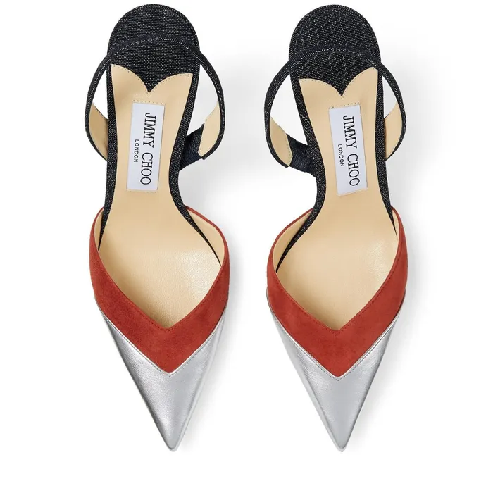 Thia 85 Multicolour Metallic Nappa Leather Suede And Denim Fabric Pointed Slingback Pumps Silverrustindigo Women JIMMY CHOO Pumps Thia 85 Multicolour Metallic Nappa Leather Suede And Denim Fabric Pointed Slingback Pumps Silverrustindigo Women JIMMY CHOO Pumps