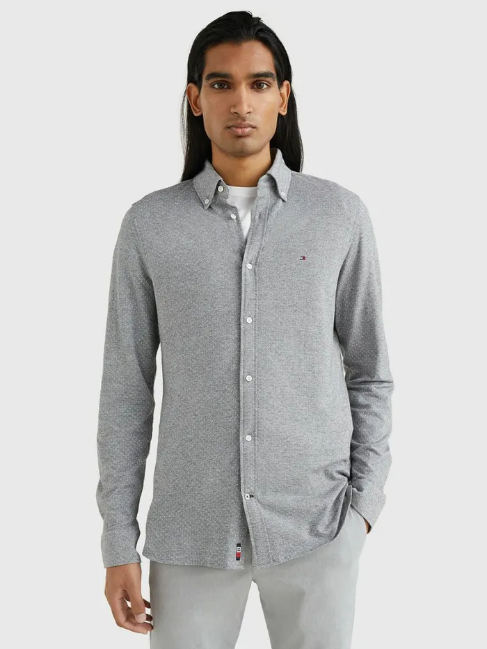 Tommy Hilfiger 1985 Collection Slim Fit Knitted Shirt Grey MelangeWhite Mens Shirts Online Tommy Hilfiger 1985 Collection Slim Fit Knitted Shirt Grey MelangeWhite Mens Shirts Online