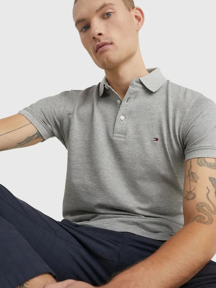 Tommy Hilfiger 1985 Collection Th Flex Organic Cotton Polo Medium Grey HeatherIvory Mens Polo Shirts Gift Ideas