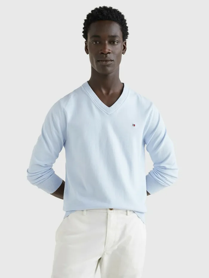 Tommy Hilfiger 1985 Collection Th Flex VNeck Jumper Breezy Blue Mens Knitwear Gift Ideas Tommy Hilfiger 1985 Collection Th Flex VNeck Jumper Breezy Blue Mens Knitwear Gift Ideas