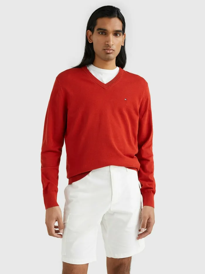 Tommy Hilfiger 1985 Collection Th Flex VNeck Jumper Cinnabar Red Mens Knitwear Sale Tommy Hilfiger 1985 Collection Th Flex VNeck Jumper Cinnabar Red Mens Knitwear Sale