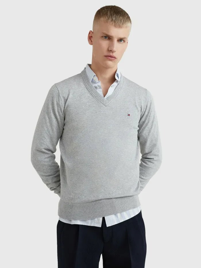 Tommy Hilfiger 1985 Collection Th Flex VNeck Jumper Light Grey Heather Mens Knitwear Popular Tommy Hilfiger 1985 Collection Th Flex VNeck Jumper Light Grey Heather Mens Knitwear Popular
