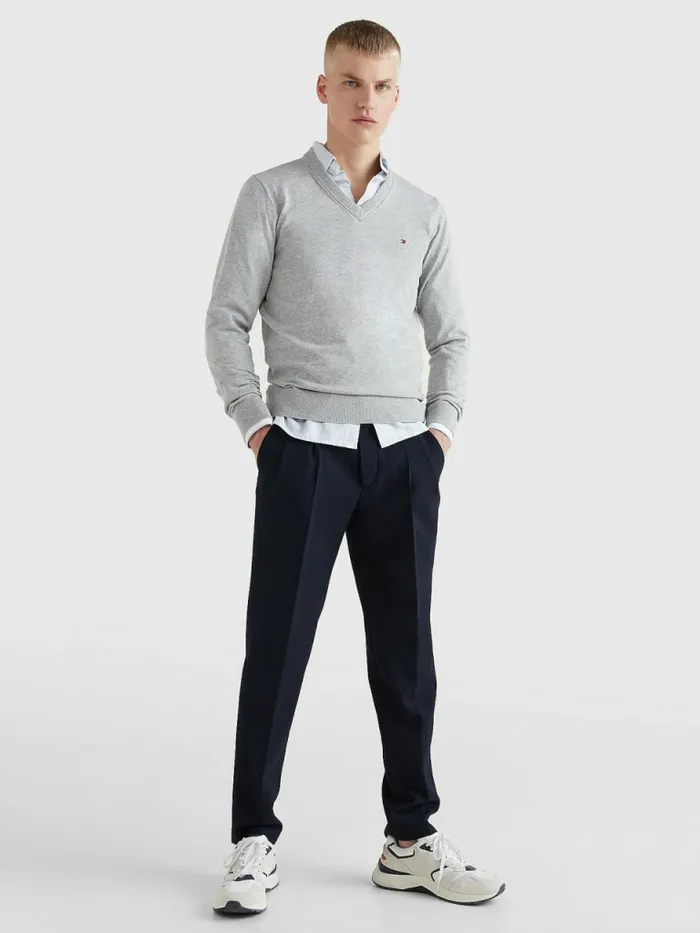 Tommy Hilfiger 1985 Collection Th Flex VNeck Jumper Light Grey Heather Mens Knitwear Popular