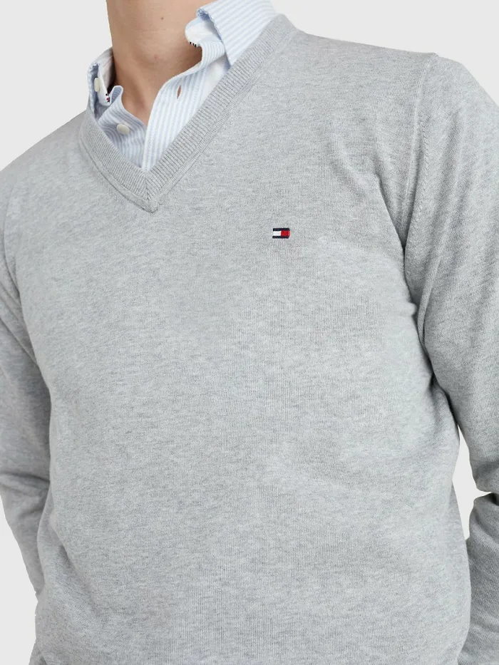 Tommy Hilfiger 1985 Collection Th Flex VNeck Jumper Light Grey Heather Mens Knitwear Popular