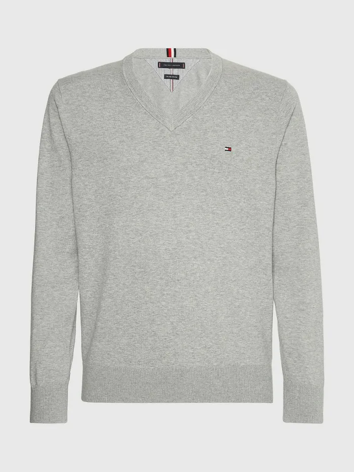 Tommy Hilfiger 1985 Collection Th Flex VNeck Jumper Light Grey Heather Mens Knitwear Popular