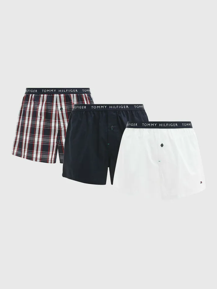 Tommy Hilfiger 3Pack Logo Waistband Button Fly Boxers Desert SkyWhitePlaid Mens Underwear Gift for Friend Tommy Hilfiger 3Pack Logo Waistband Button Fly Boxers Desert SkyWhitePlaid Mens Underwear Gift for Friend