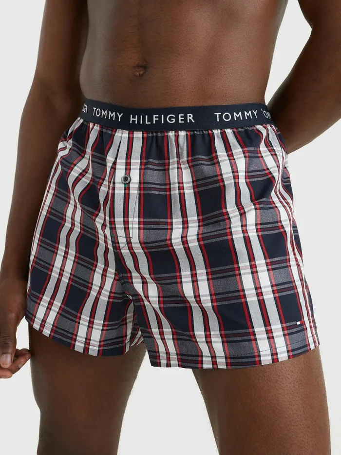 Tommy Hilfiger 3Pack Logo Waistband Button Fly Boxers Desert SkyWhitePlaid Mens Underwear Gift for Friend