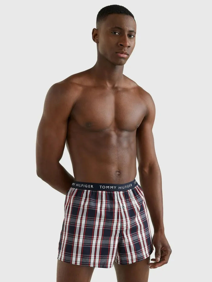 Tommy Hilfiger 3Pack Logo Waistband Button Fly Boxers Desert SkyWhitePlaid Mens Underwear Gift for Friend