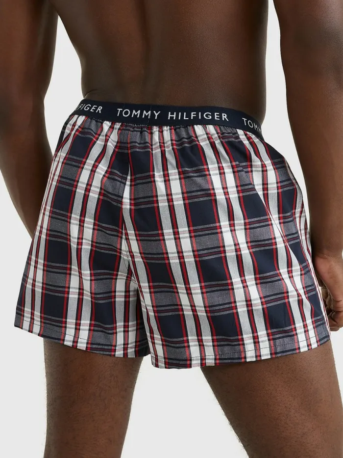 Tommy Hilfiger 3Pack Logo Waistband Button Fly Boxers Desert SkyWhitePlaid Mens Underwear Gift for Friend