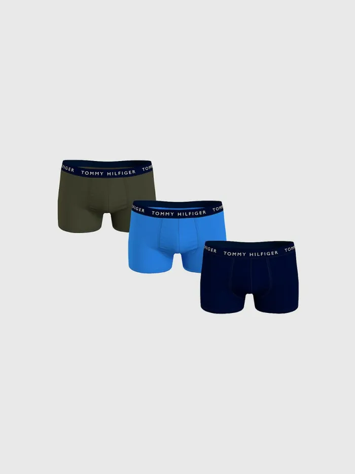 Tommy Hilfiger 3Pack Logo Waistband Trunks Army GrnHydr BlueDes Sky Mens Underwear On Sale Tommy Hilfiger 3Pack Logo Waistband Trunks Army GrnHydr BlueDes Sky Mens Underwear On Sale