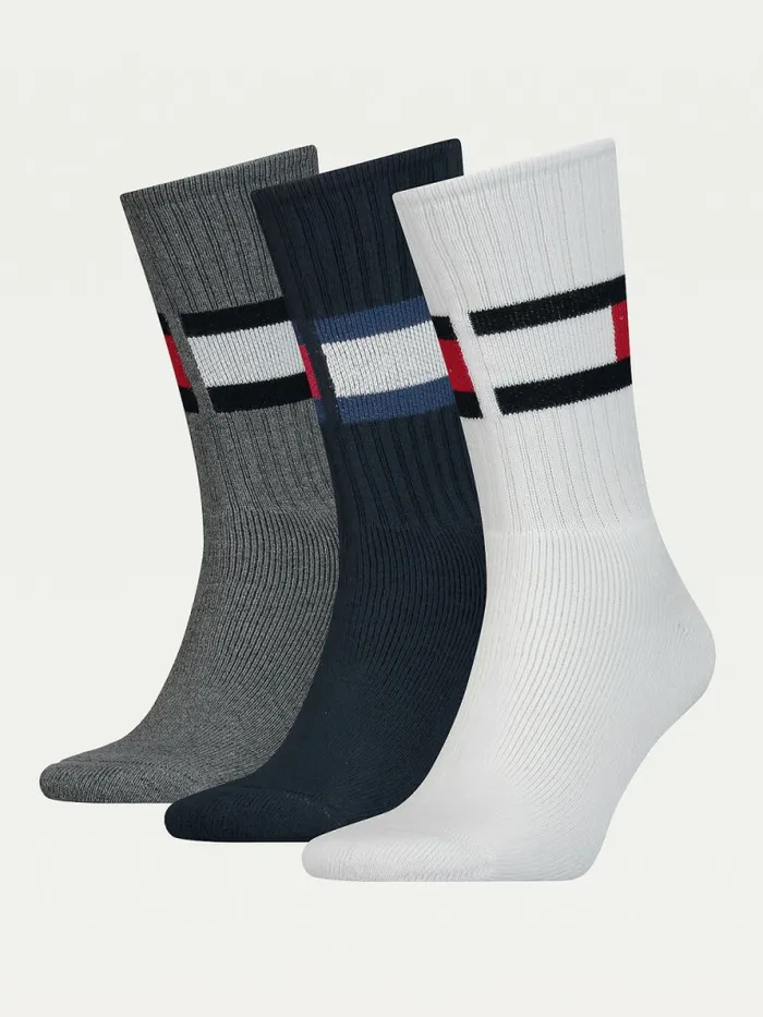 Tommy Hilfiger 3Pack Ribbed Flag Socks WhiteNavyGrey Mens Socks Fashion