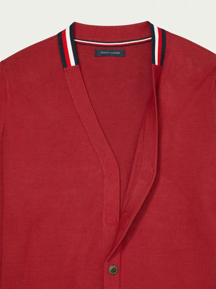 Tommy Hilfiger Adaptive Signature Collar Cardigan Rhubarb Mens Knitwear Popular