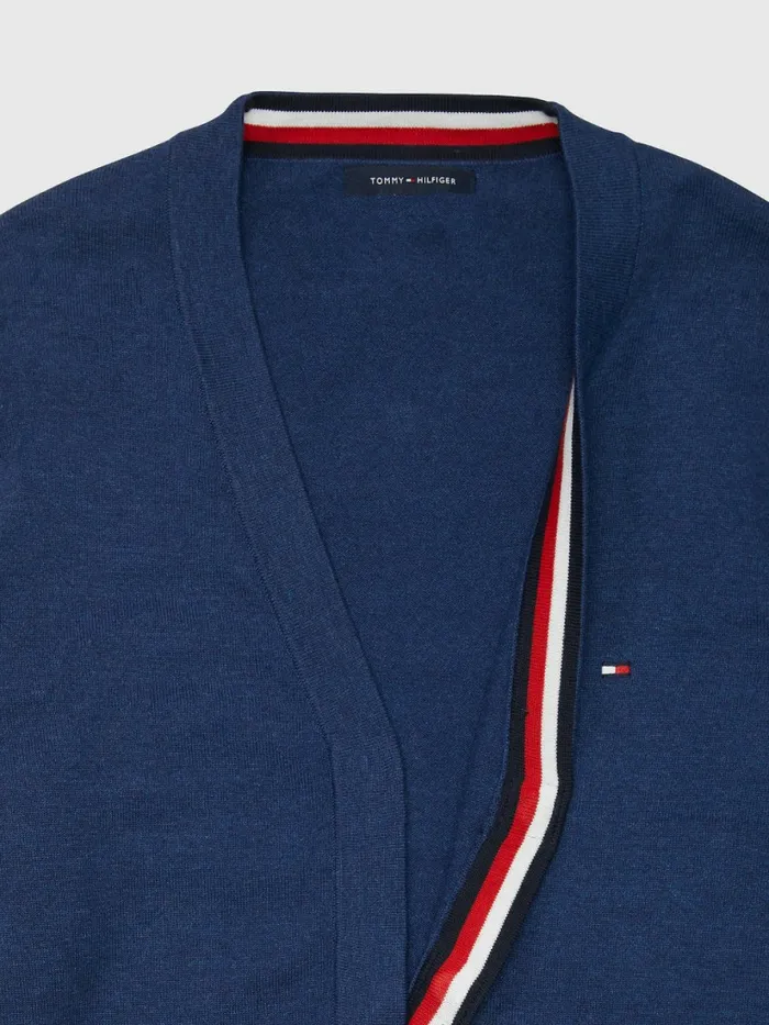Tommy Hilfiger Adaptive Signature Pure Cotton Cardigan Sb171330AXy Denim Blue Htr Mens Knitwear For Sale