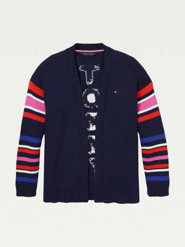 Tommy Hilfiger Adaptive Stripe Logo Cardigan Evening Blue Girls Jumpers and Cardigans Gift for Friend Tommy Hilfiger Adaptive Stripe Logo Cardigan Evening Blue Girls Jumpers and Cardigans Gift for Friend