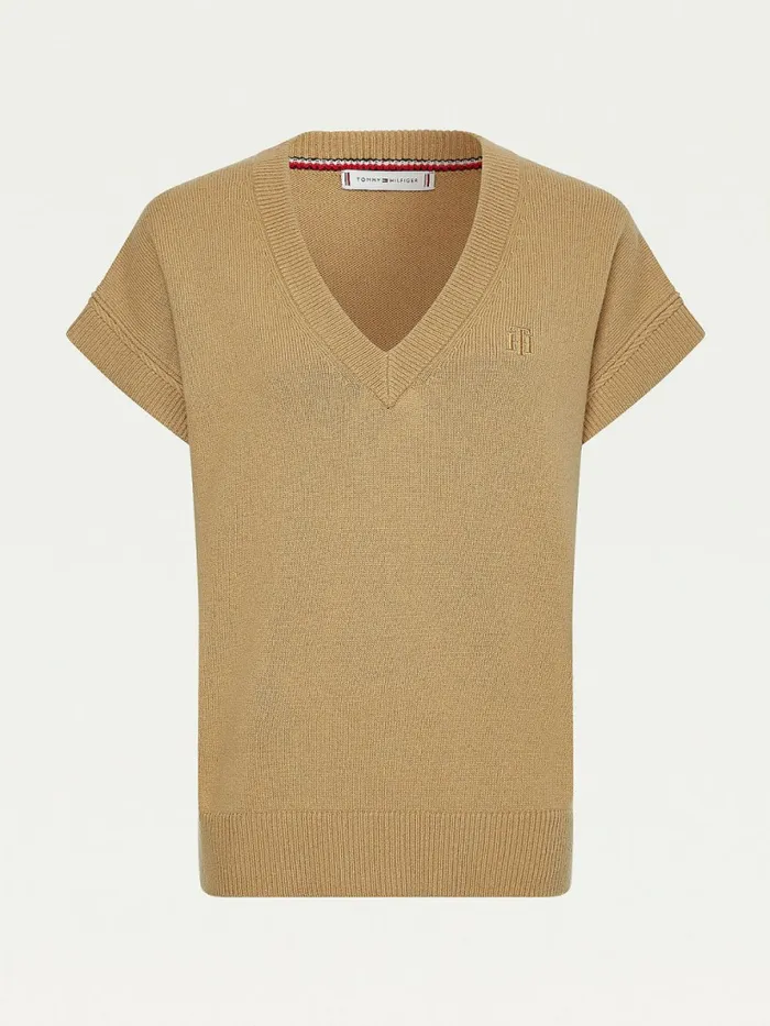 Tommy Hilfiger Alpaca Relaxed VNeck Short Sleeve Vest Countryside Khaki Womens Knitwear Online