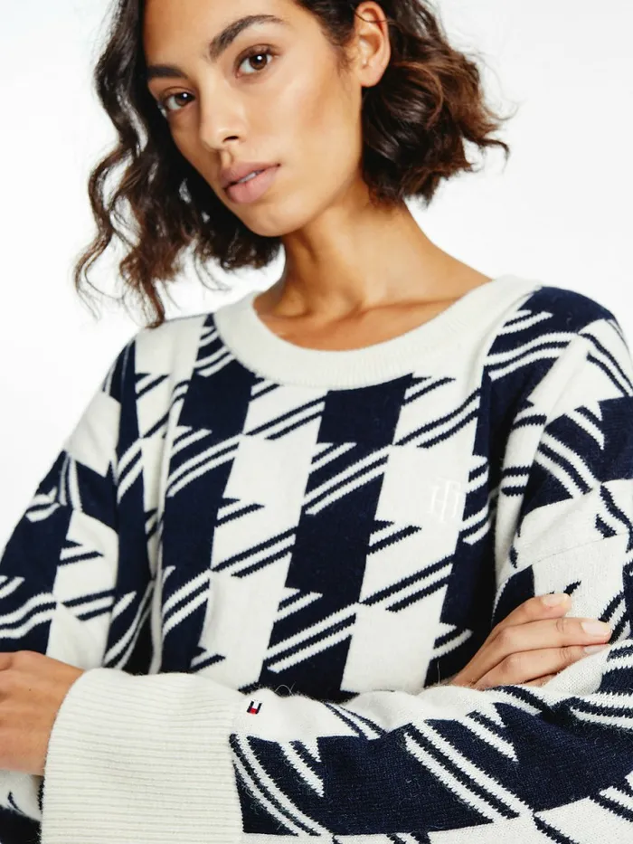 Tommy Hilfiger Alpaca Wool Houndstooth Relaxed Fit Jumper Large HoundstoothDes Sky Ecru Womens Knitwear Casaul
