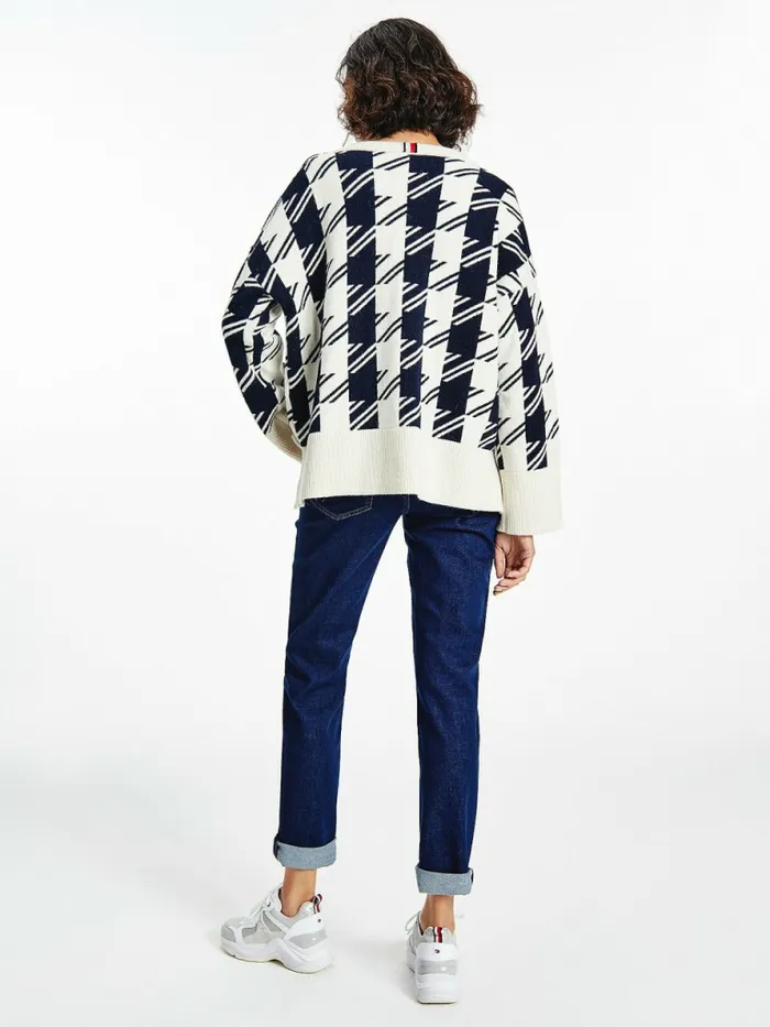 Tommy Hilfiger Alpaca Wool Houndstooth Relaxed Fit Jumper Large HoundstoothDes Sky Ecru Womens Knitwear Casaul