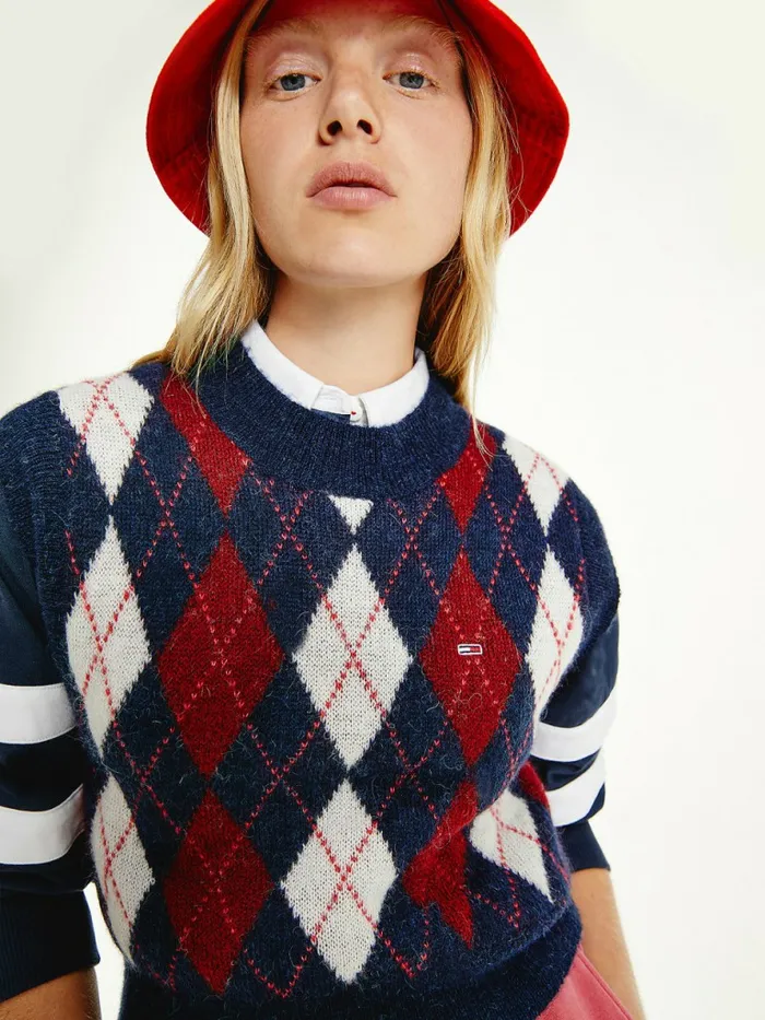 Tommy Hilfiger Argyle Cropped Wool Blend Vest Twilight NavyMulti Womens Knitwear On Sale