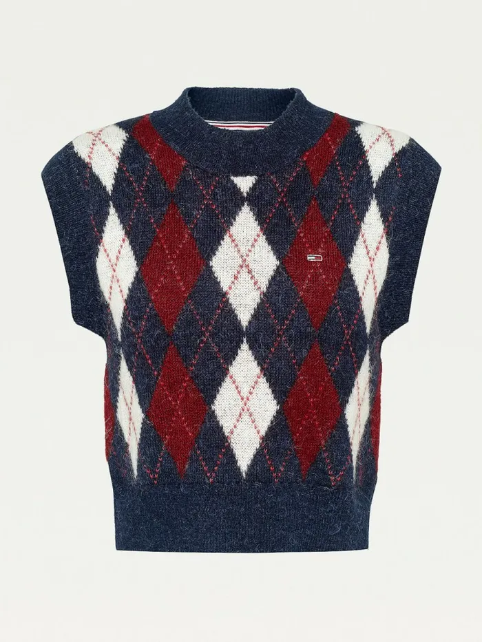Tommy Hilfiger Argyle Cropped Wool Blend Vest Twilight NavyMulti Womens Knitwear On Sale