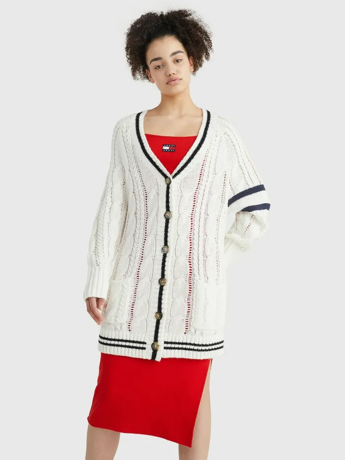 Tommy Hilfiger Badge Cable Knit Oversized Cardigan EcruMulti Womens Knitwear Fashion Tommy Hilfiger Badge Cable Knit Oversized Cardigan EcruMulti Womens Knitwear Fashion
