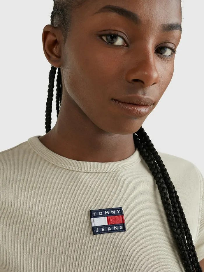 Tommy Hilfiger Badge Crop Top Savannah Sand Womens TShirts Sale