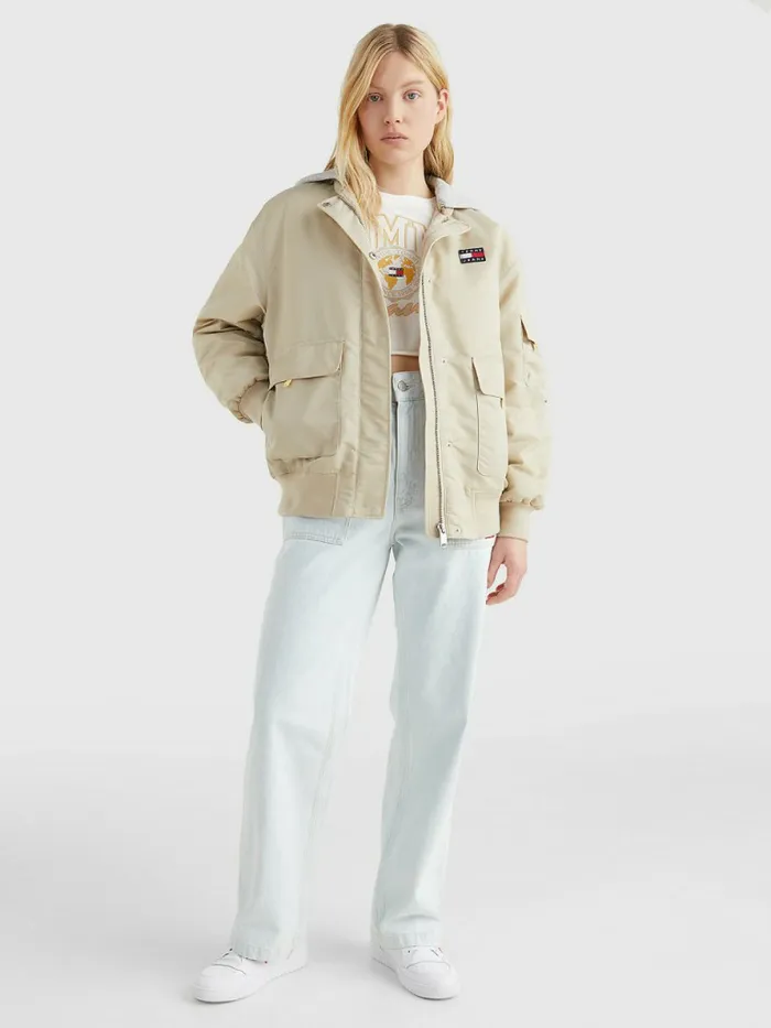Tommy Hilfiger Badge Hooded Bomber Jacket Savannah Sand Womens Coats and Jackets Cheap On Sale