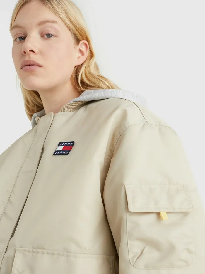 Tommy Hilfiger Badge Hooded Bomber Jacket Savannah Sand Womens Coats and Jackets Cheap On Sale