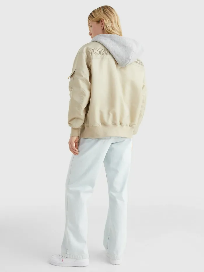 Tommy Hilfiger Badge Hooded Bomber Jacket Savannah Sand Womens Coats and Jackets Cheap On Sale