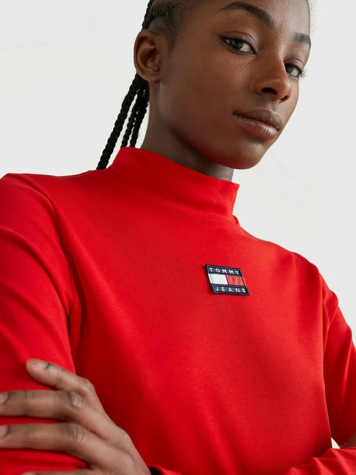 Tommy Hilfiger Badge Mock Turtleneck Long Sleeve TShirt Deep Crimson Womens TShirts Near Me