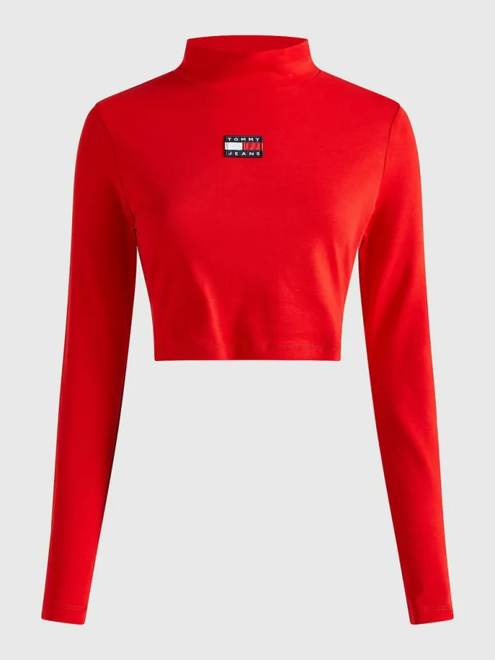 Tommy Hilfiger Badge Mock Turtleneck Long Sleeve TShirt Deep Crimson Womens TShirts Near Me