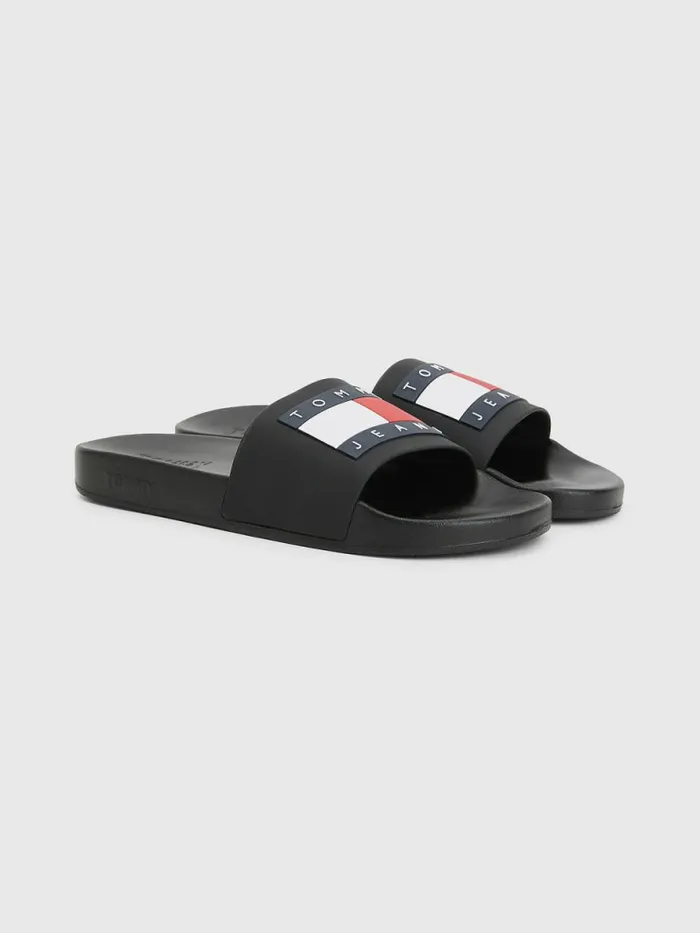 Tommy Hilfiger Badge Pool Slides Black Mens Sandals Sliders and Flip Flops Popular Tommy Hilfiger Badge Pool Slides Black Mens Sandals Sliders and Flip Flops Popular