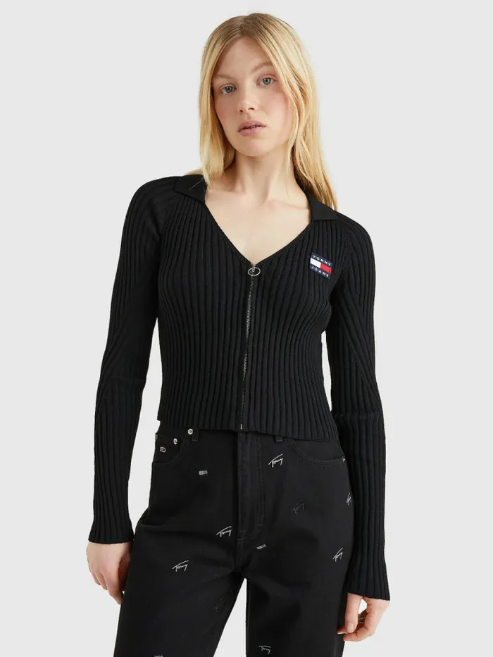 Tommy Hilfiger Badge Recycled ZipThru Cardigan Black Womens Knitwear Popular