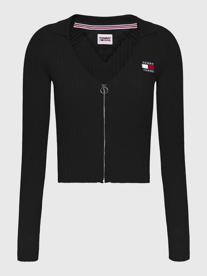 Tommy Hilfiger Badge Recycled ZipThru Cardigan Black Womens Knitwear Popular