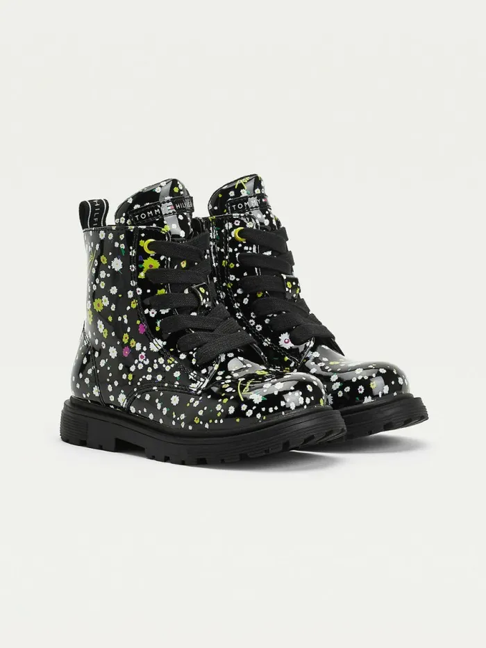 Tommy Hilfiger Blossom Print Patent LaceUp Boots Black Girls Shoes and Accessories On Sale Tommy Hilfiger Blossom Print Patent LaceUp Boots Black Girls Shoes and Accessories On Sale