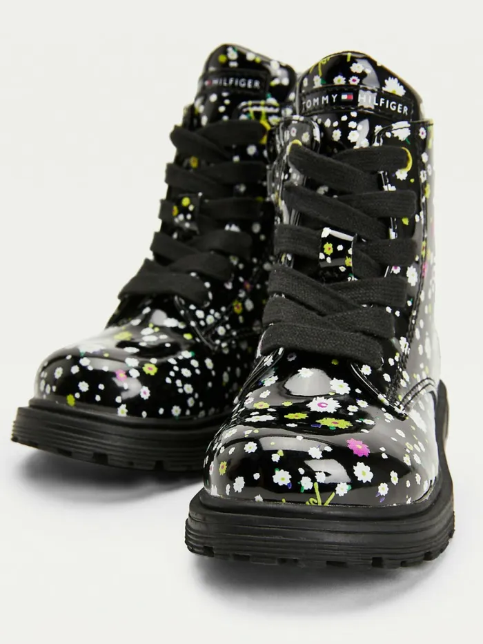 Tommy Hilfiger Blossom Print Patent LaceUp Boots Black Girls Shoes and Accessories On Sale