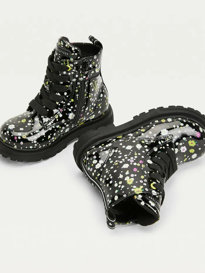 Tommy Hilfiger Blossom Print Patent LaceUp Boots Black Girls Shoes and Accessories On Sale