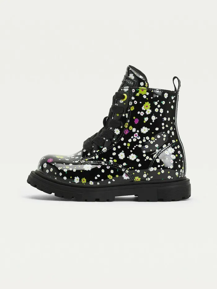 Tommy Hilfiger Blossom Print Patent LaceUp Boots Black Girls Shoes and Accessories On Sale