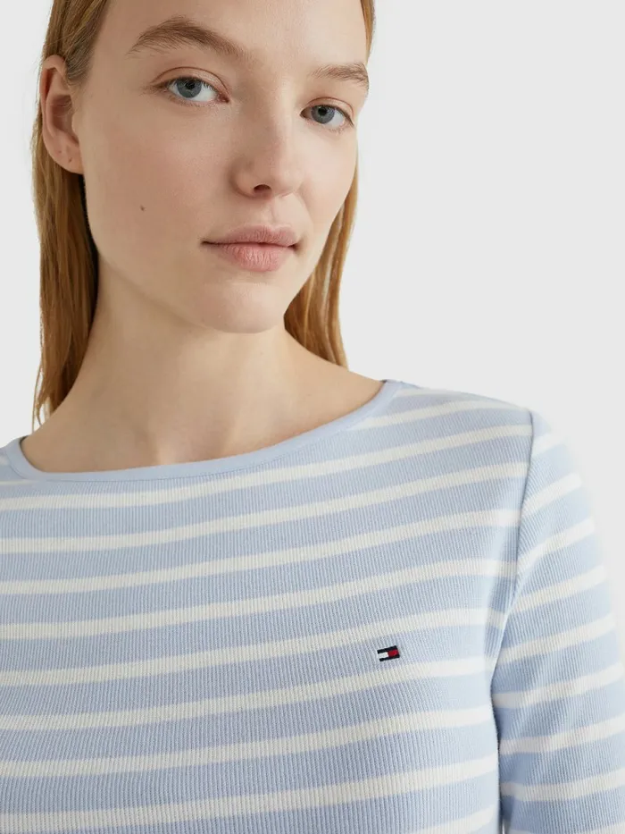 Tommy Hilfiger Boat Neck Long Sleeve Skinny TShirt Breton StpBreezy Blue White Womens TShirts Sale