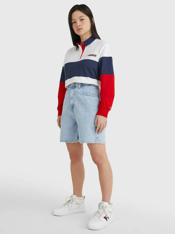 Tommy Hilfiger Boxy Cropped Long Sleeve Polo Twilight NavyMulti Womens Polo Shirts Gift Ideas