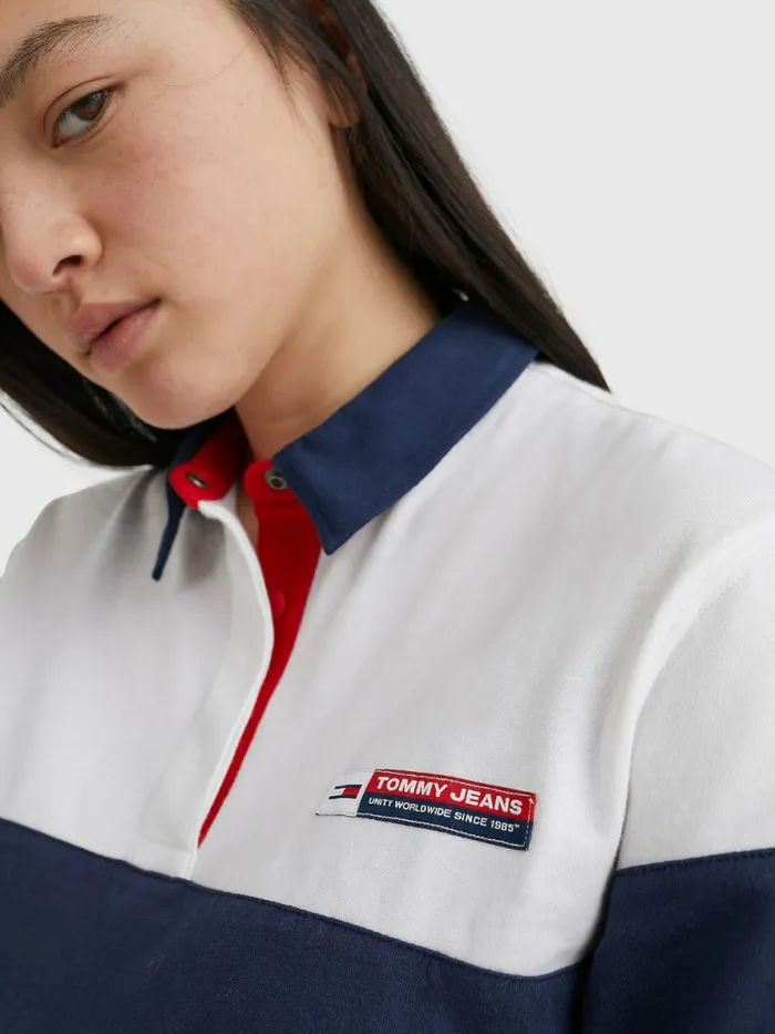 Tommy Hilfiger Boxy Cropped Long Sleeve Polo Twilight NavyMulti Womens Polo Shirts Gift Ideas