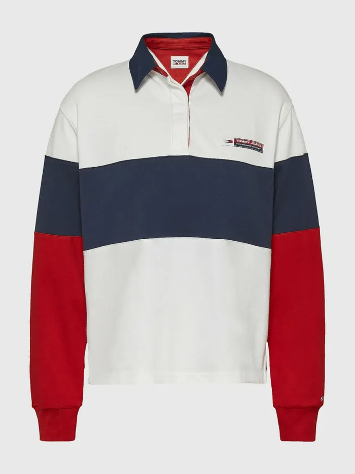 Tommy Hilfiger Boxy Cropped Long Sleeve Polo Twilight NavyMulti Womens Polo Shirts Gift Ideas