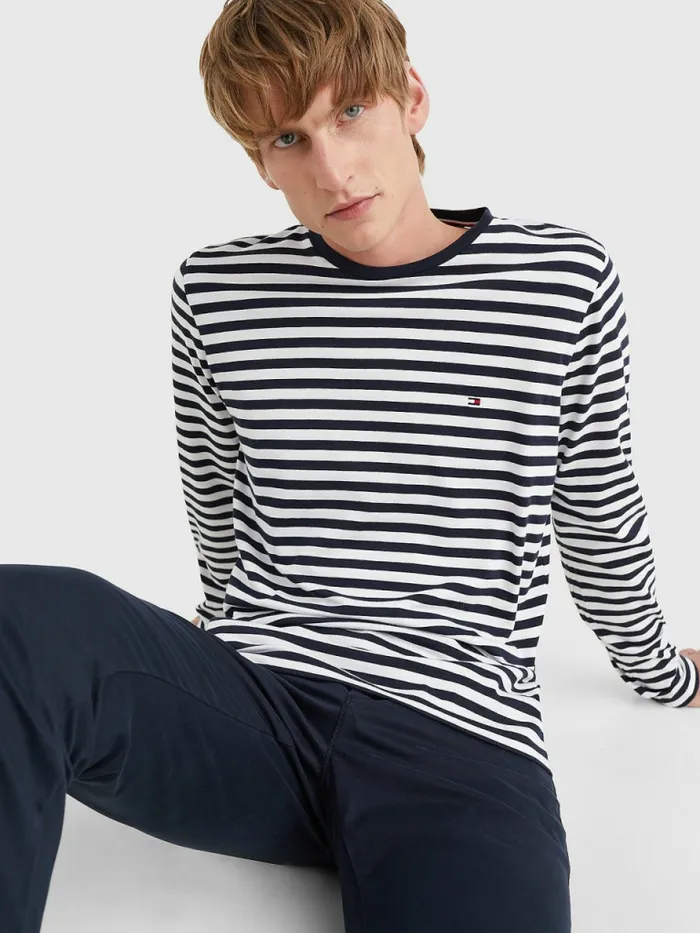 Tommy Hilfiger Breton Stripe Long Sleeve TShirt Desert SkyWhite Mens TShirts Online