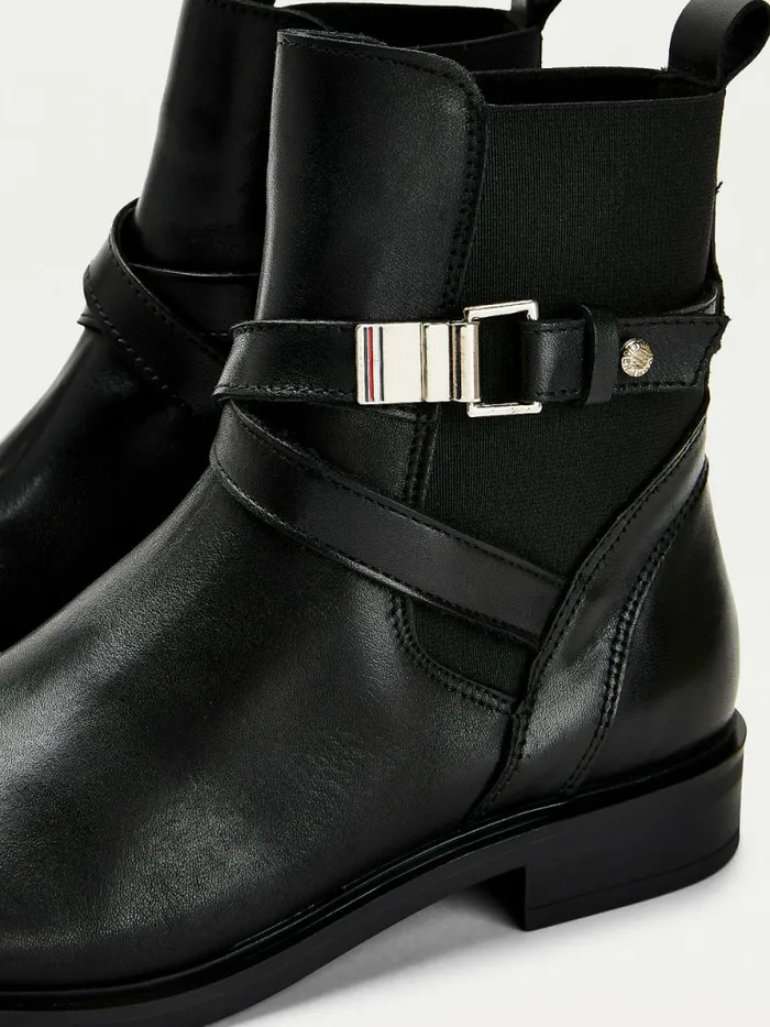 Tommy Hilfiger Buckled Leather Ankle Boots Black Womens Boots Gift Ideas