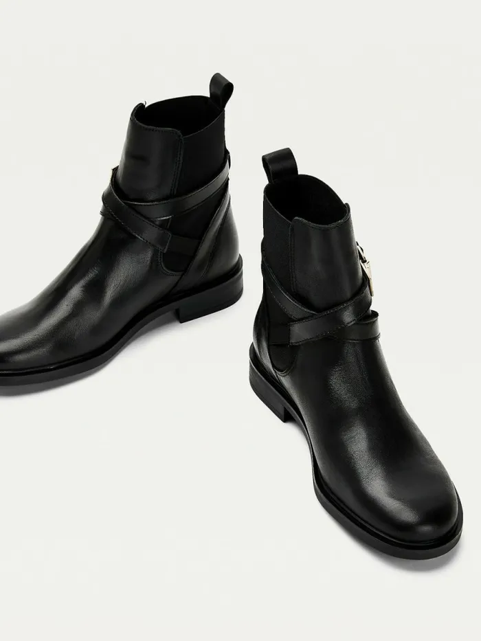 Tommy Hilfiger Buckled Leather Ankle Boots Black Womens Boots Gift Ideas