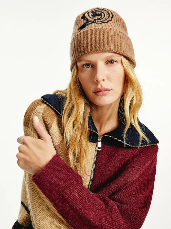 Tommy Hilfiger Cashmere Crest Shield Beanie Camel Mix Womens Hats and Scarves Gift 4 You
