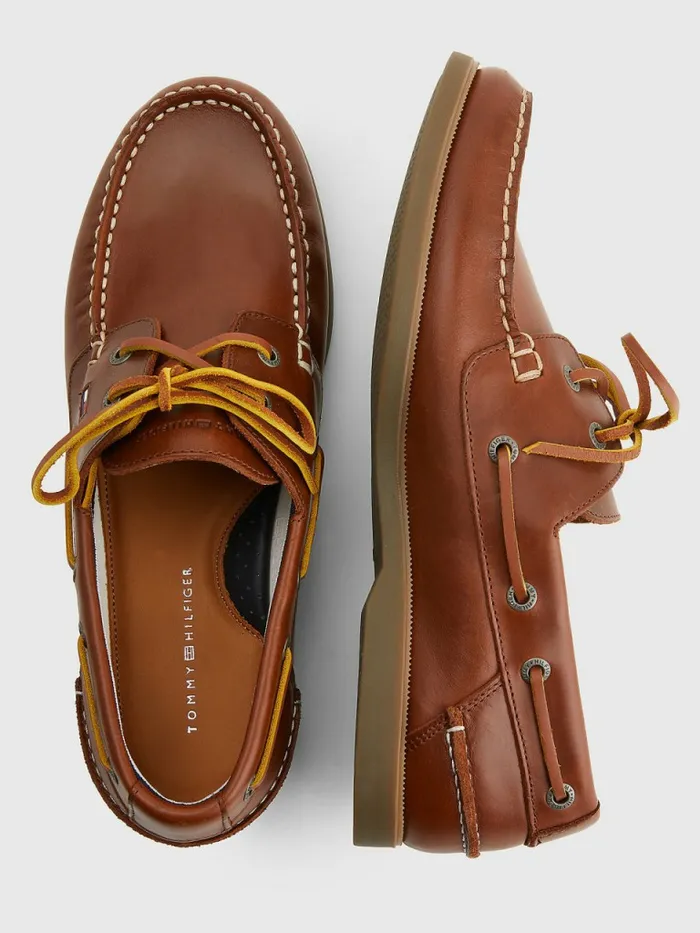 Tommy Hilfiger Classic Leather Boat Shoes Winter Cognac Mens Casual Shoes Casaul