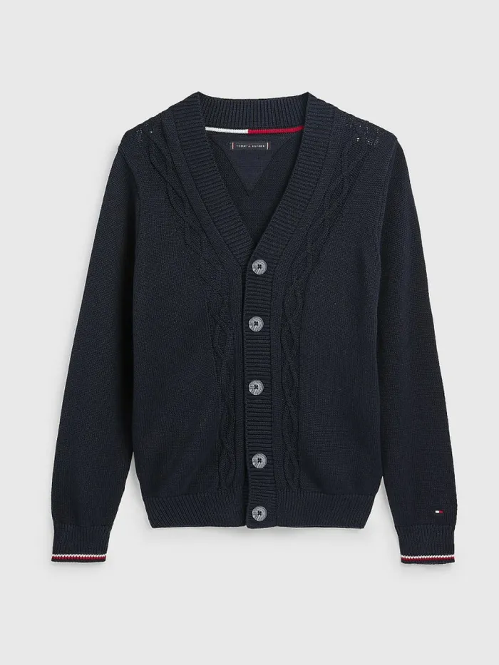 Tommy Hilfiger Classics Cable Knit VNeck Cardigan Desert Sky Boys Jumpers and Cardigans Gift for Friend